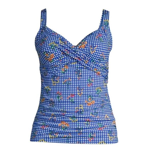 Lands End Blue Gingham Floral Swim Tankini Top Women's 8 Beachy Botanical Check - Picture 3 of 10